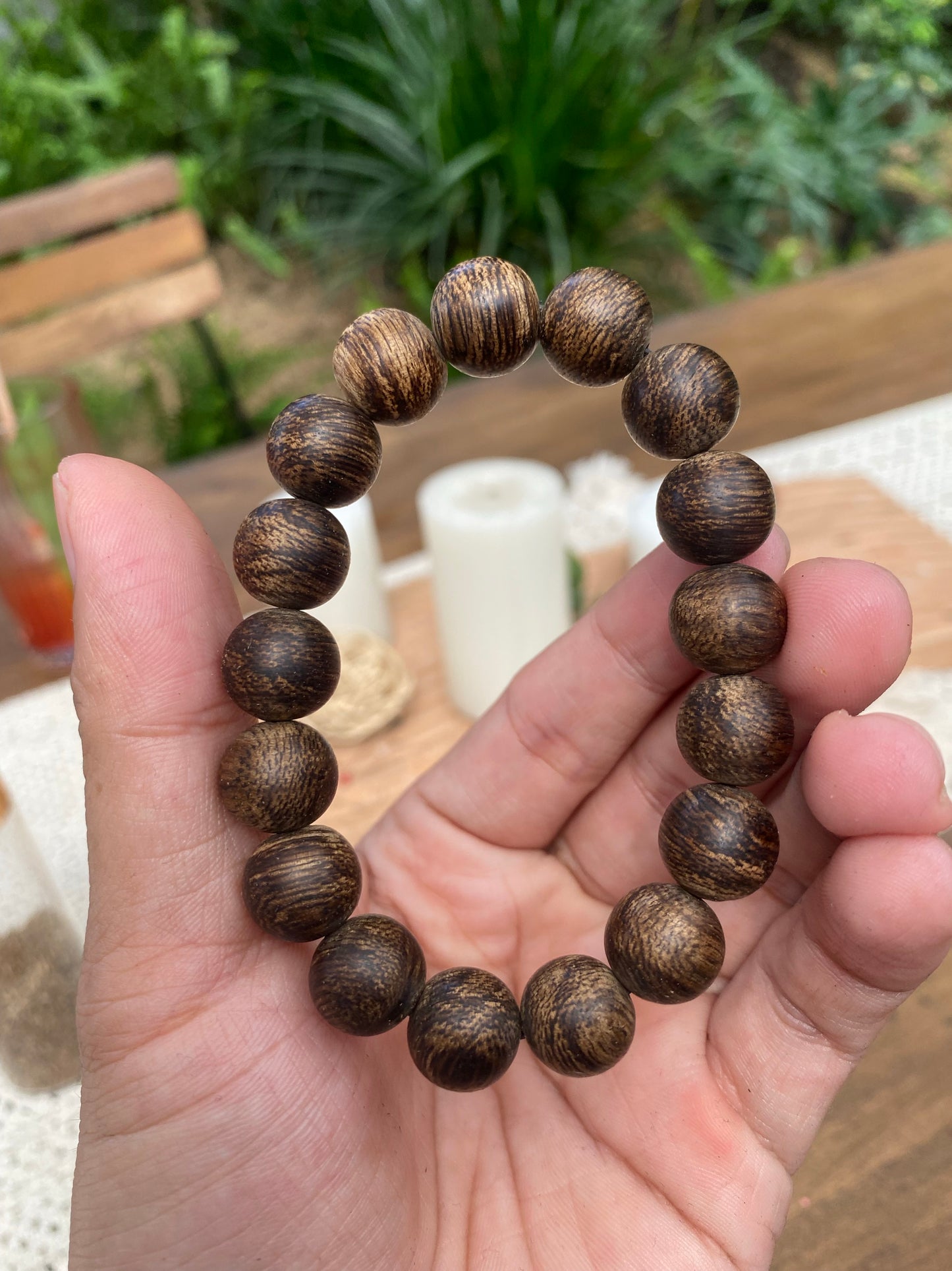 Agarwood bracelet from Takaran Island, Indonesia. Only available in 12mm size. Strong and sweet fragrance.
