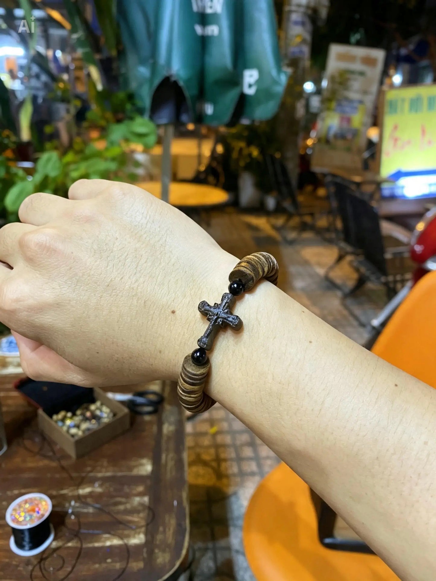 Indonesian Tarakan Agarwood Catholic Bracelet with Cross – Slim & Strong Aroma